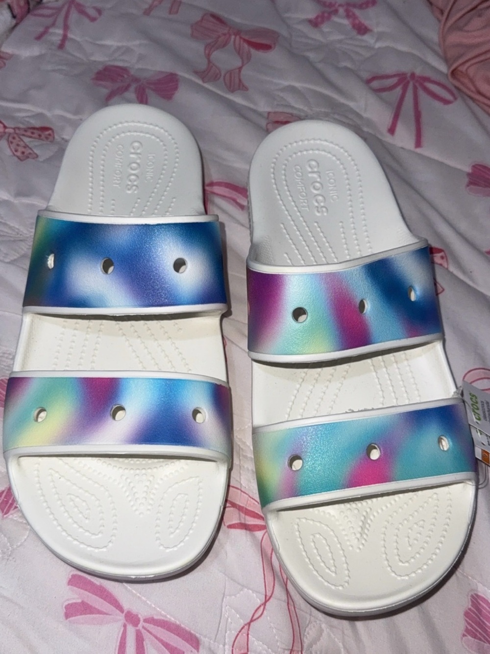 CROCS White Slides with Iridescent Rainbow Straps